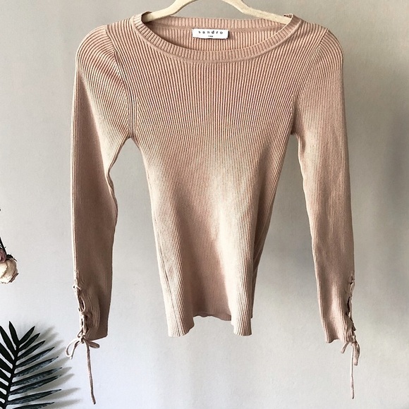 Sandro Blush Wool Blend Long Sleeve Knit with Lace Up Sleeves S - Picture 4 of 9